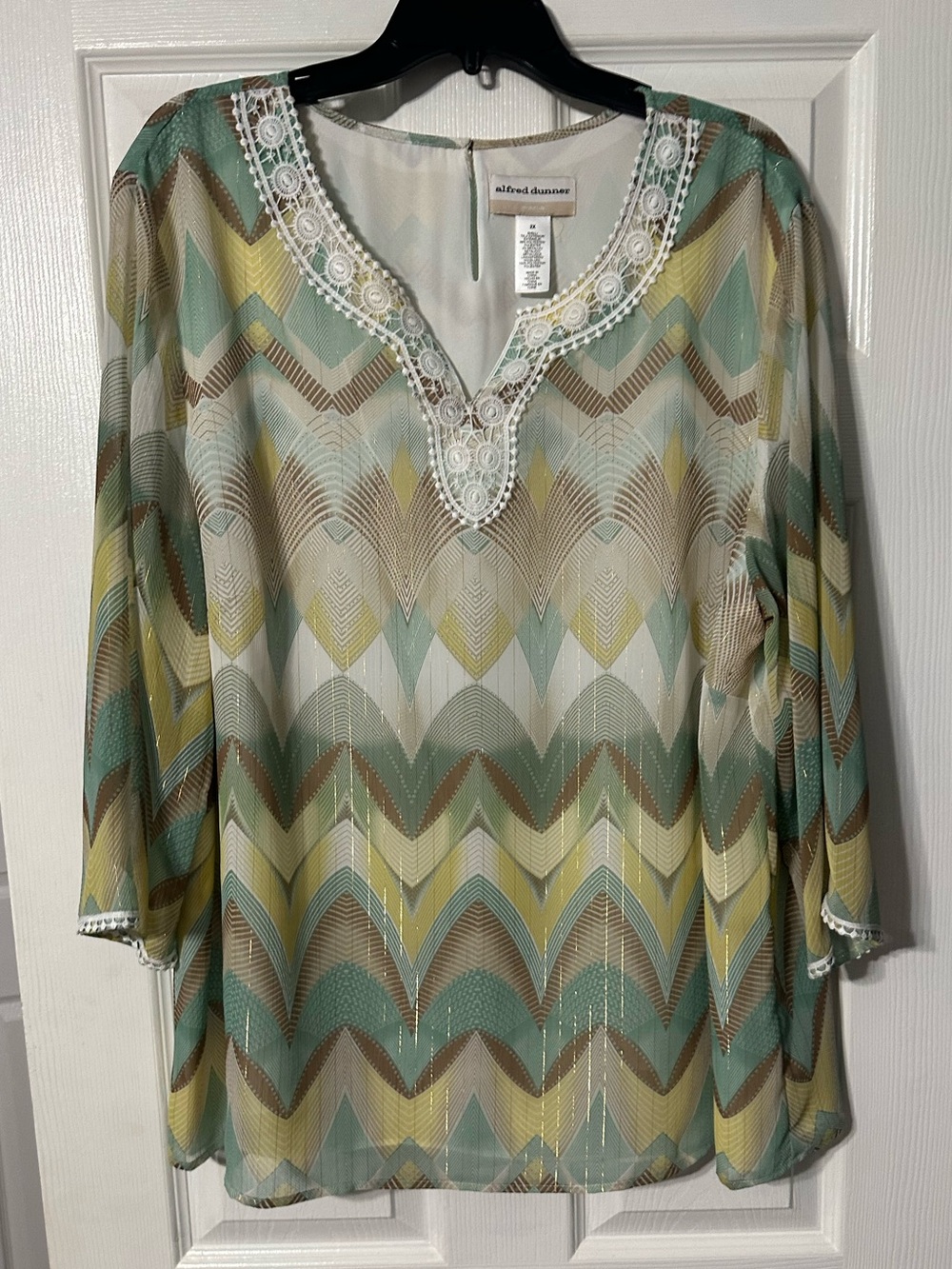Alfred Dunner Mint, Cream & Brown Chevron Lace-Trim V-Neck Blouse